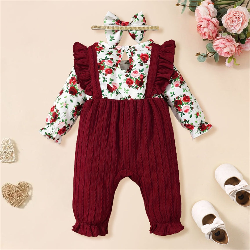 2PCS Exquisite Floral Printed Long Sleeve Baby Jumpsuit
