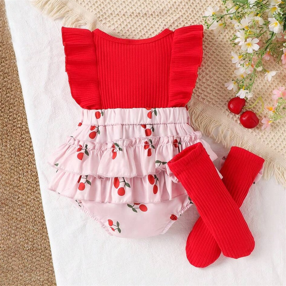 2PCS Cute Cherry Printed Ruffled Sleeveless Baby Romper