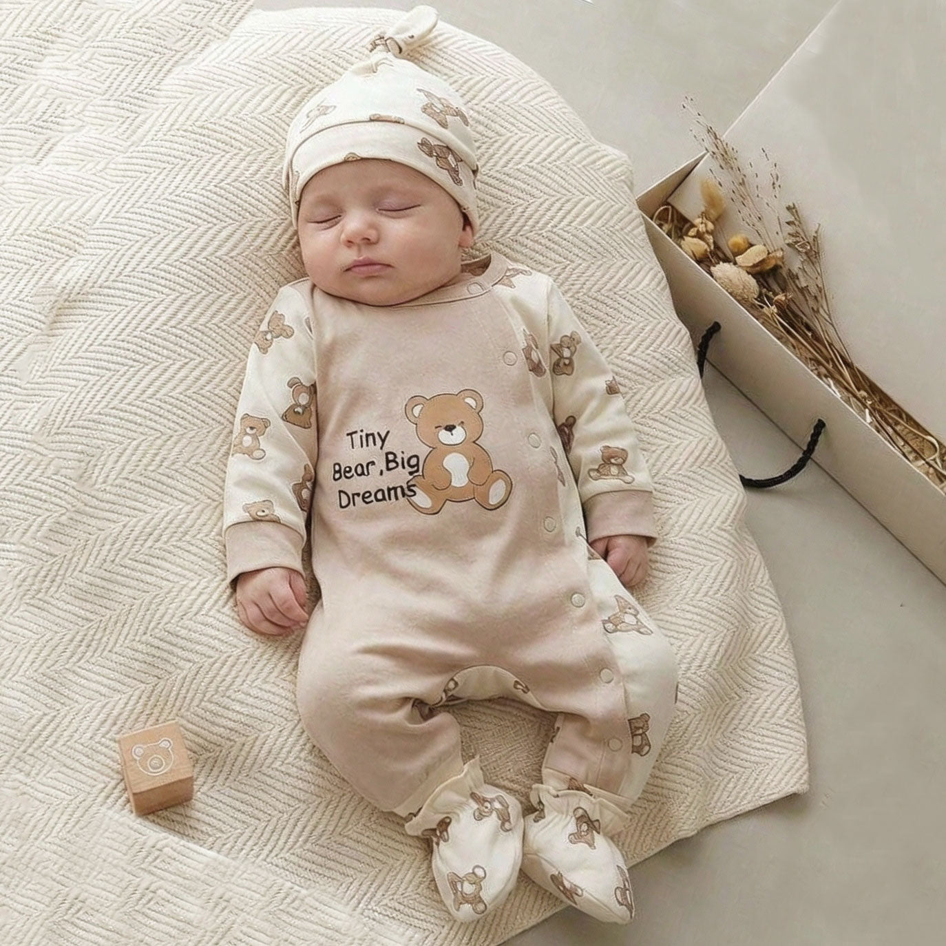 2PCS Casual Tiny Bear Big Dreams Letter Print Baby Jumpsuit