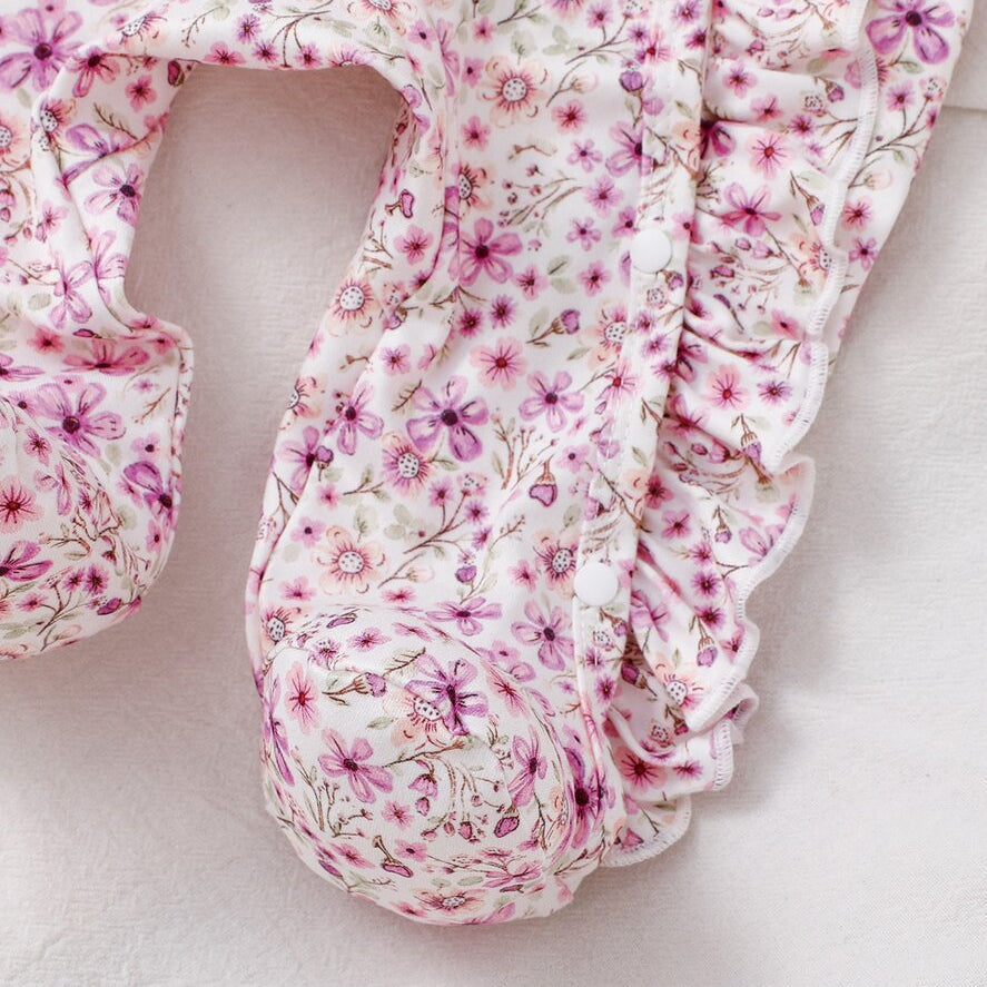 2PCS Romantic Floral Print Ruffle Long Sleeve Baby Zipper Jumpsuit