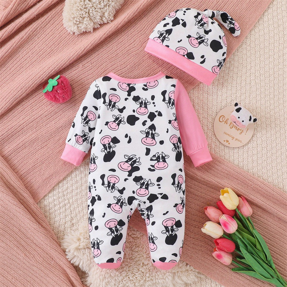 2PCS Holy Cow I'm Cute Letter Print Long Sleeve Baby Girl Jumpsuit