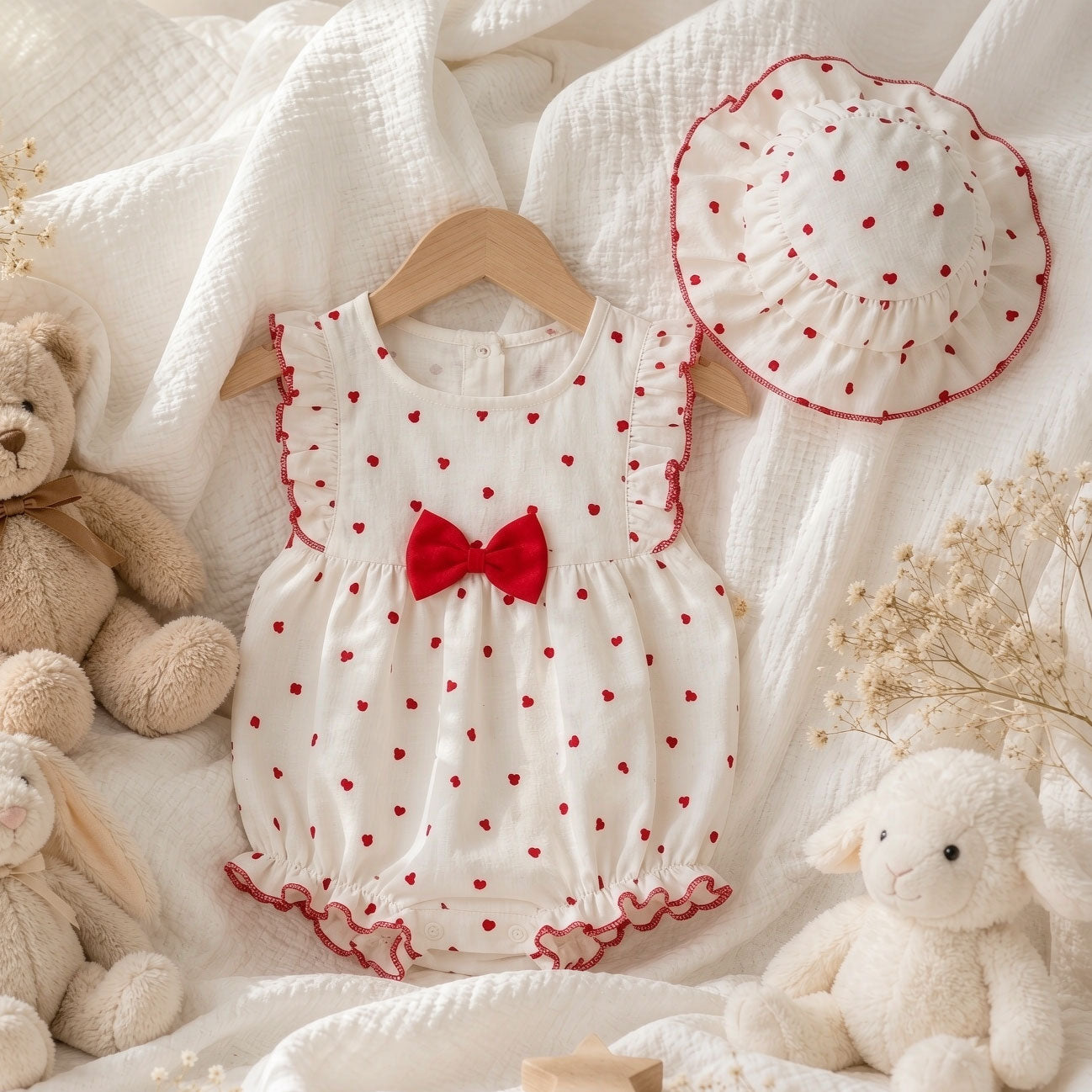 2PCS Sweet All-Over Heart Printed Flutter Sleeve Baby Romper