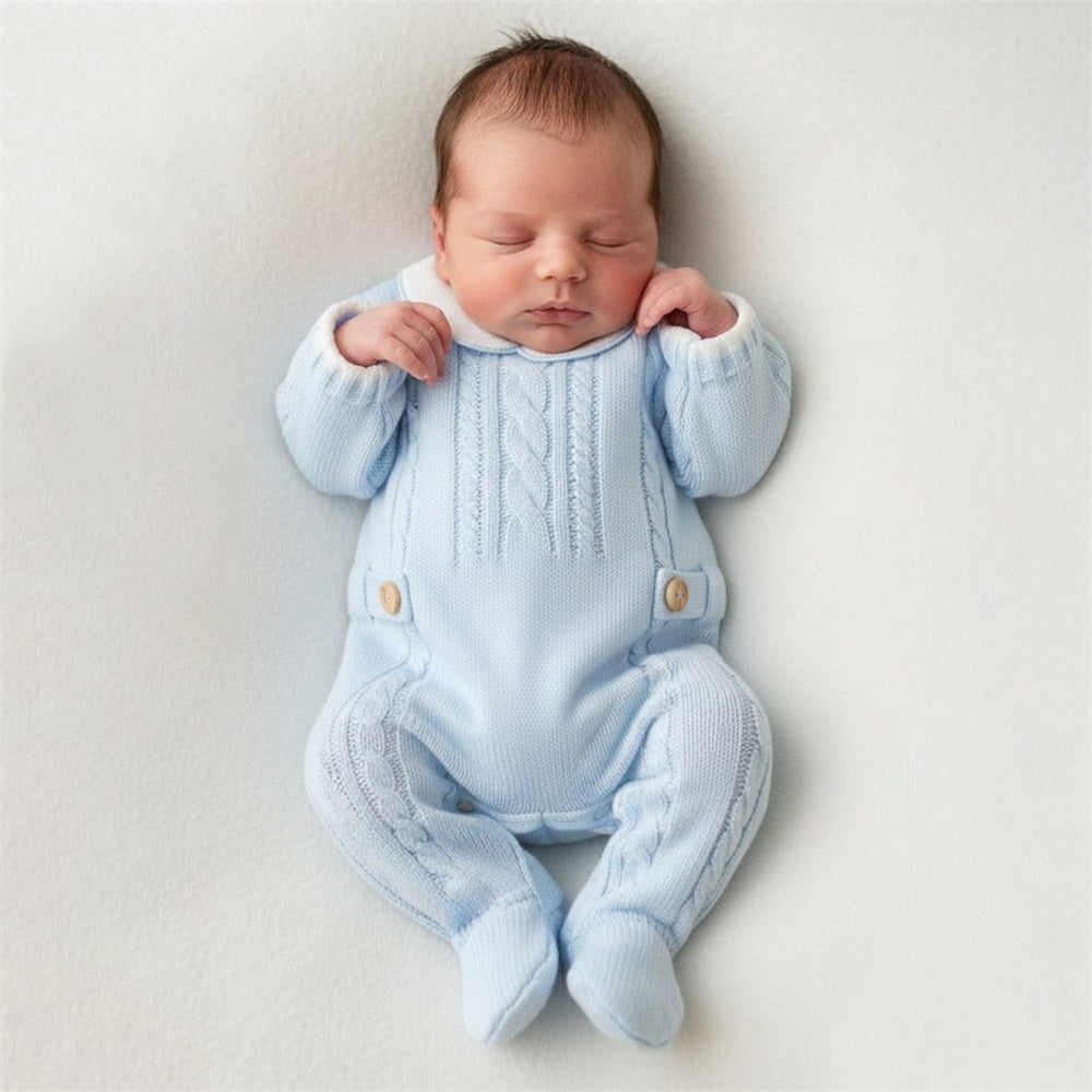 Stylish Solid Color Knit Lapel Long Sleeve Baby Jumpsuit