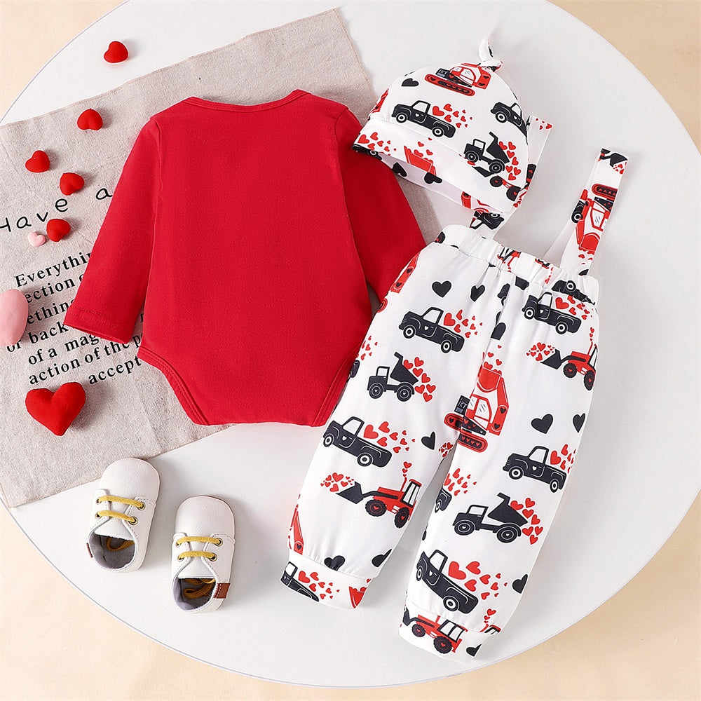 3PCS Lover Boy Letter Printed Long Sleeve Baby Overalls Set