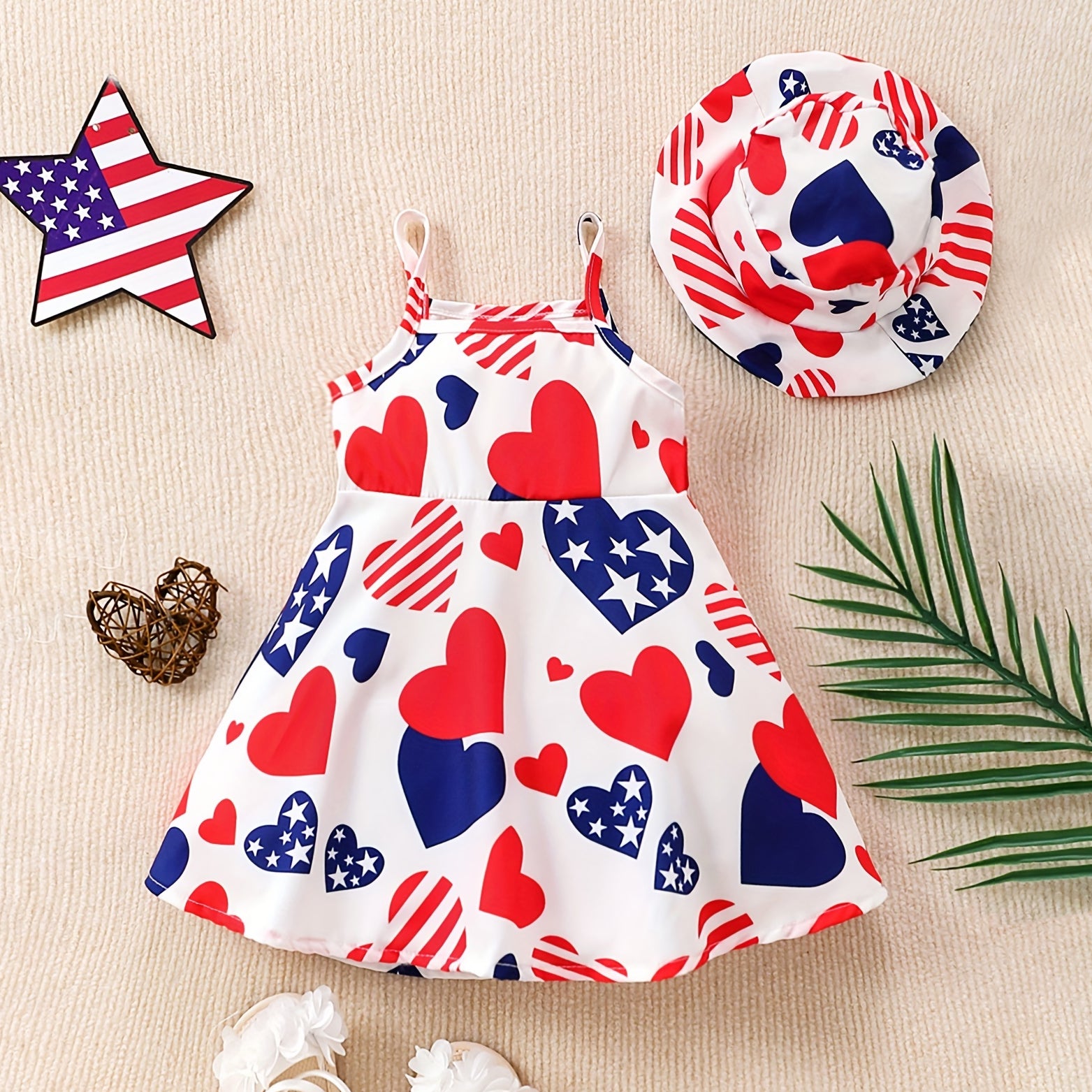 2PCS Independence Day Style Heart Full Printed Baby Cami Dress