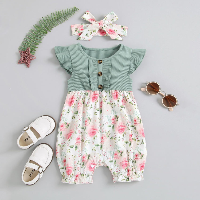 2PCS Color Blocking Floral Print Flutter Sleeve Baby Jumpsuit