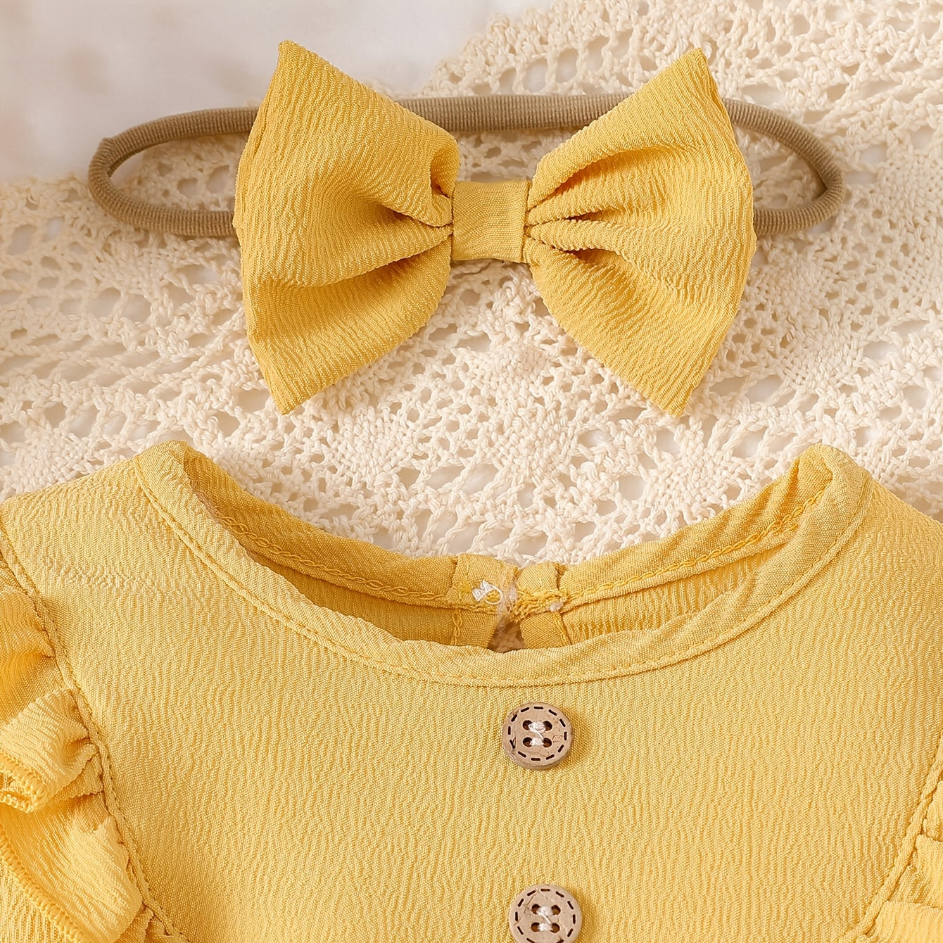 2PCS Classy Solid Color Ruffle Long Sleeve Baby Jumpsuit