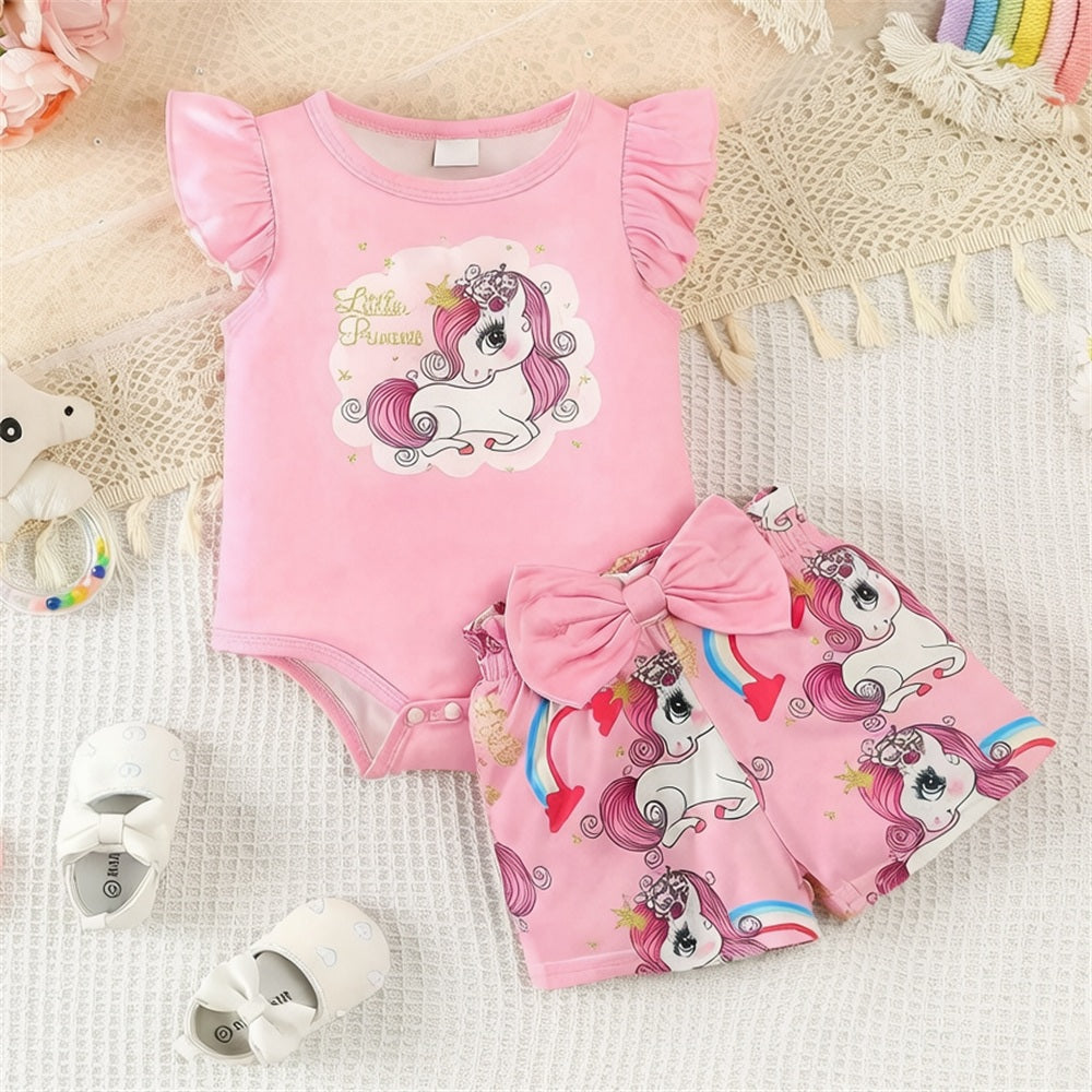 2PCS Lovely Pony Print Flutter Sleeve Baby Girl Set