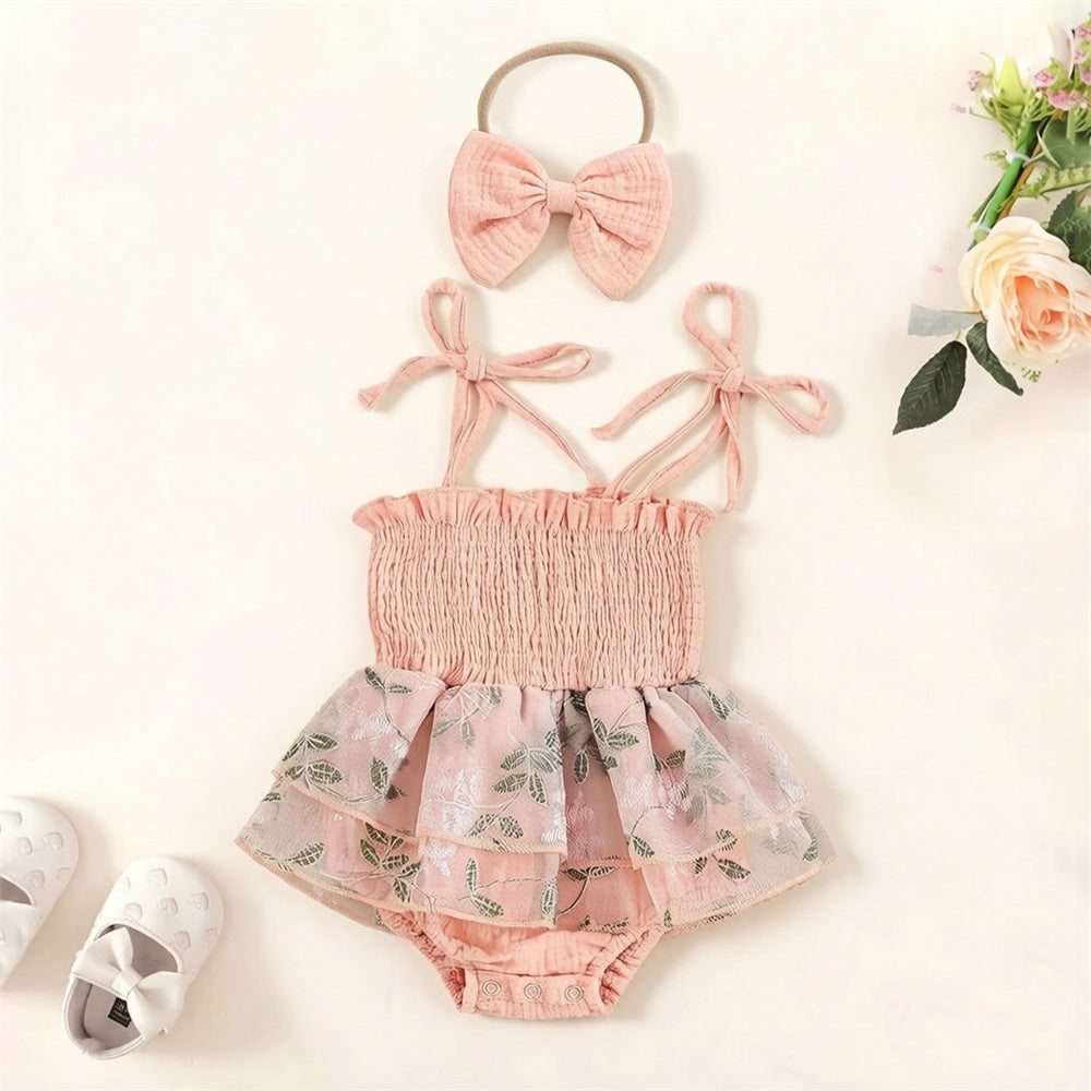 2PSC Trend Floral Embroidery Sleeveless Baby Romper