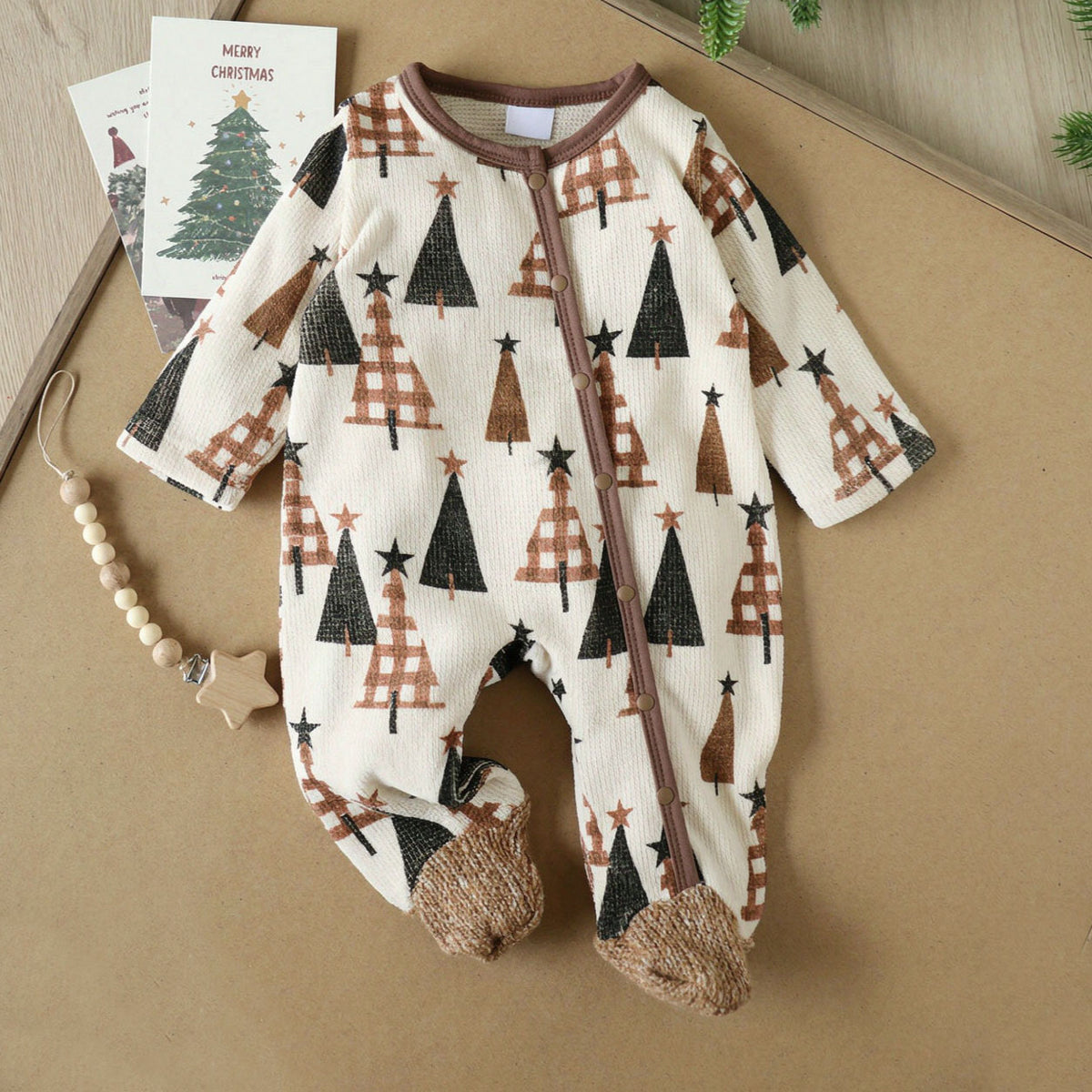 Cute Christmas Tree Print Long Sleeve Zipper Baby Jumpsuit
