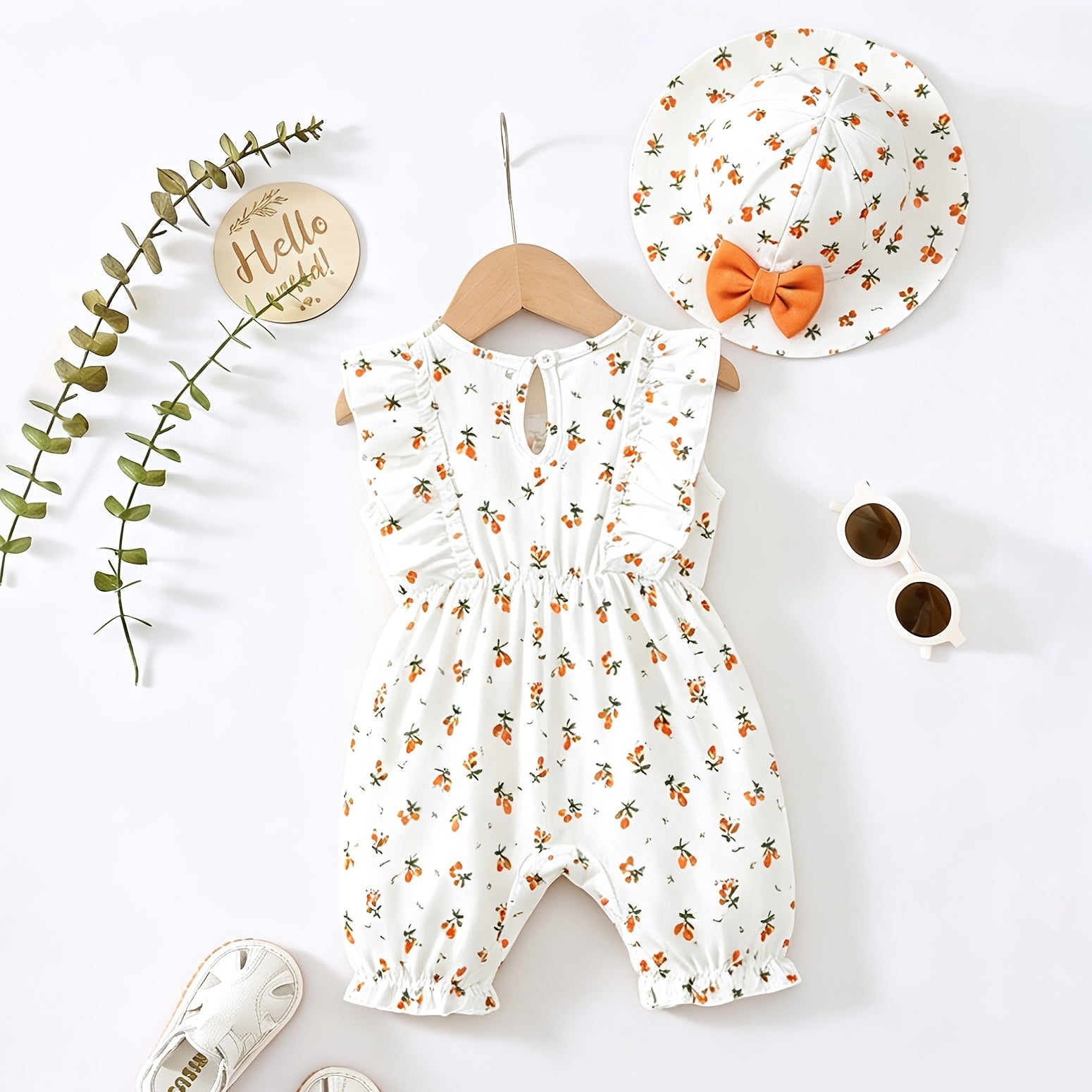 2PCS Lovely Floral Printed Flutter Sleeve Baby Jumpsuit