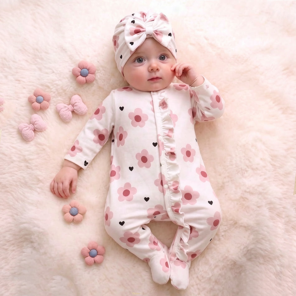 2PCS Elegant Floral Print Long Sleeve Ruffle Baby Jumpsuit