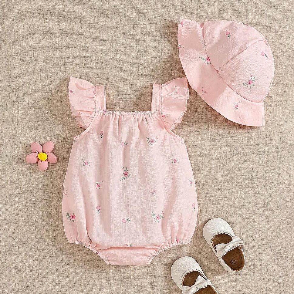 2PCS Gorgeous Floral Print Flutter Sleeve Baby Romper
