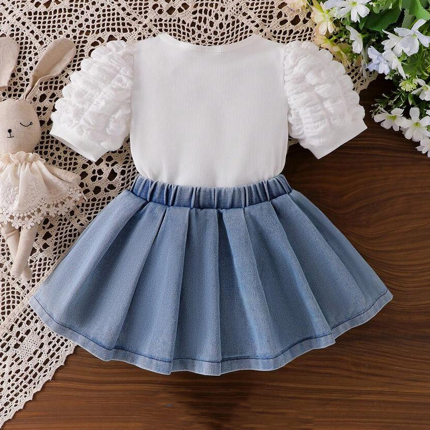 2PCS Pure Bowknot Decor Short Sleeve Denim Baby Set