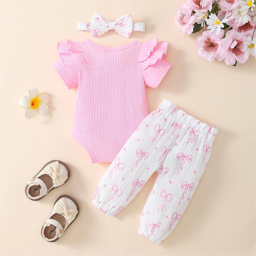 3PCS Letter Embroidery Bow Printed Short Sleeve Baby Set
