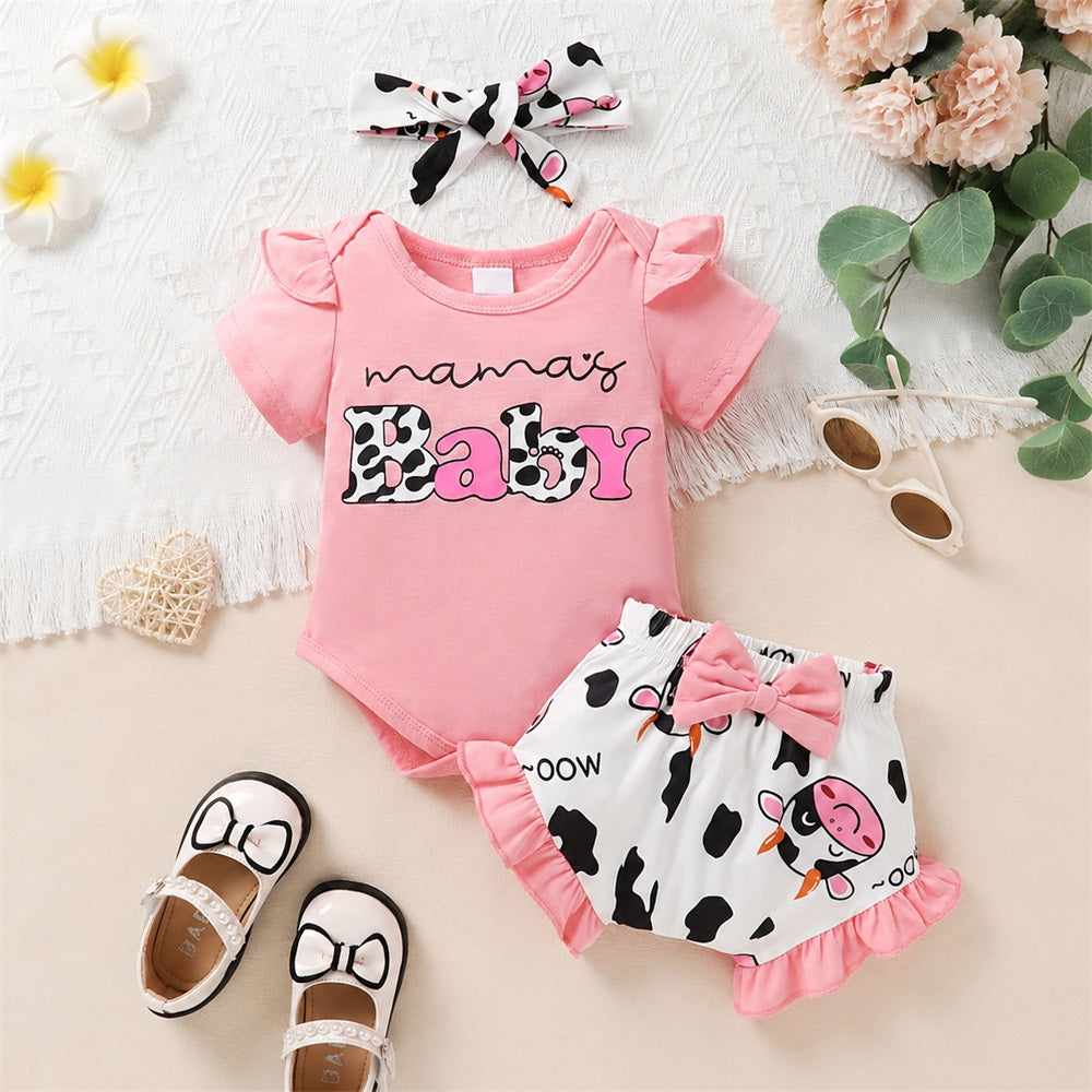 3PCS Mama's Baby Letter Cow Printed Short Sleeve Baby Set