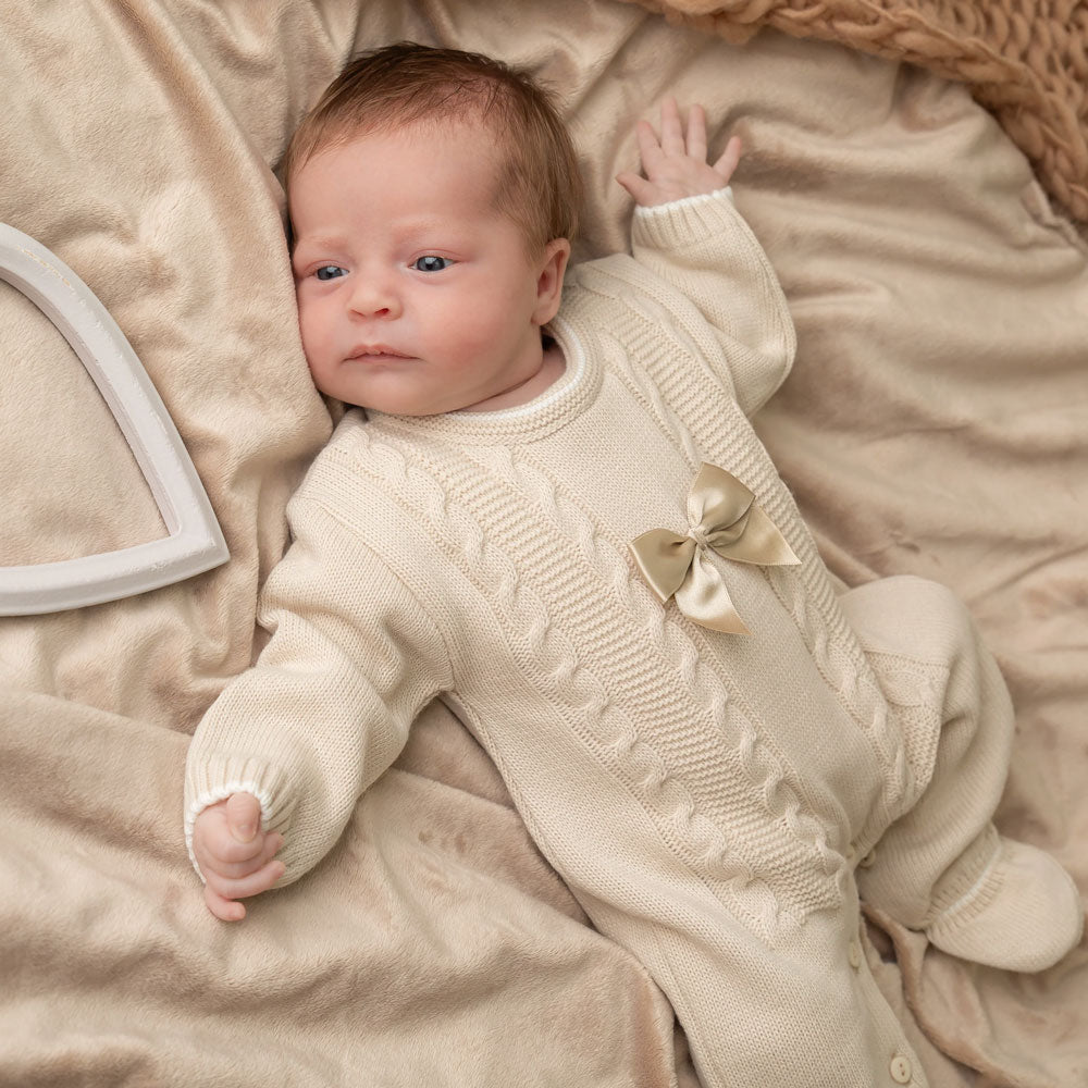 Pure Knit Solid Color Bowknot Decor Long Sleeve Baby Jumpsuit