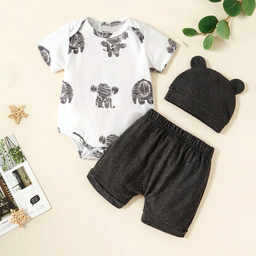 3PCS Adorable Elephant Print Short Sleeve Baby Boy Set