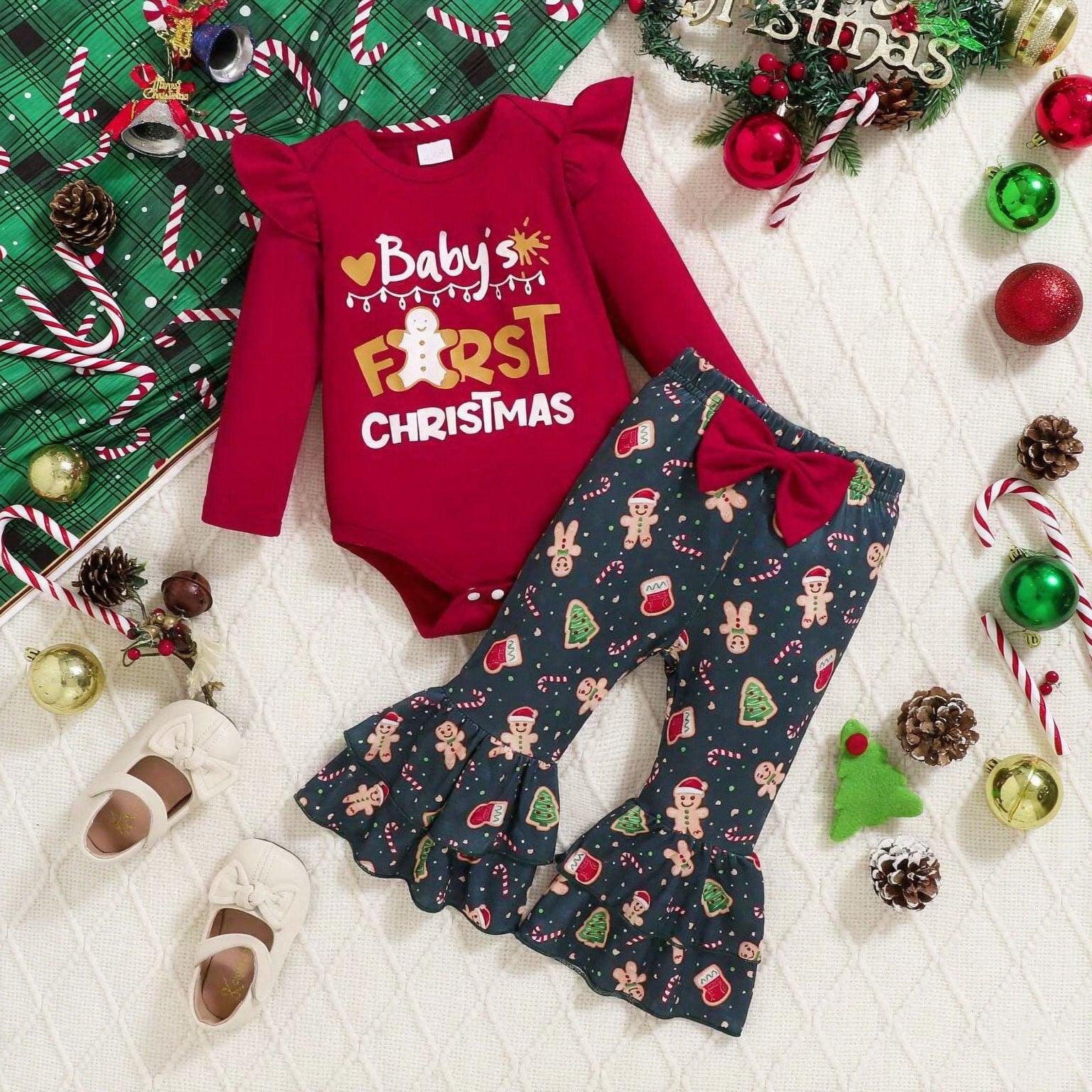 2PCS Baby First Christmas Letter Gingerbread Print Long Sleeve Baby Set