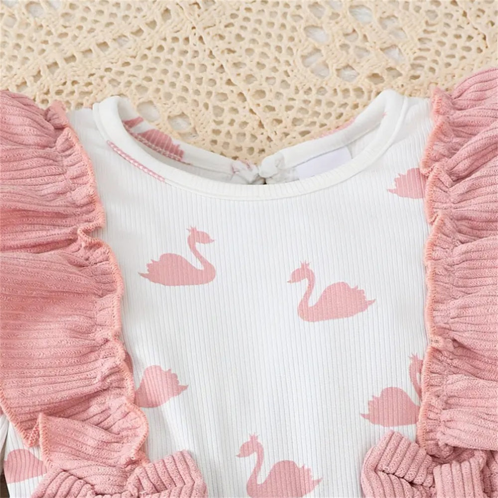 2PCS Cute Cartoon Swan Print Long Sleeve Baby Jumpsuit