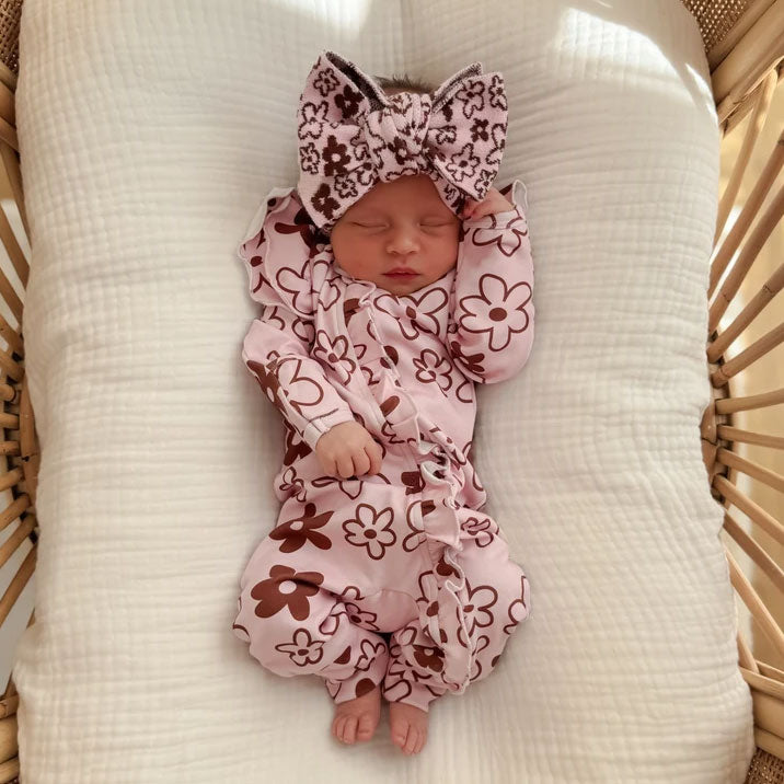 2PCS Bubbly Floral Print Zipper Long Sleeve Baby Girl Jumpsuit