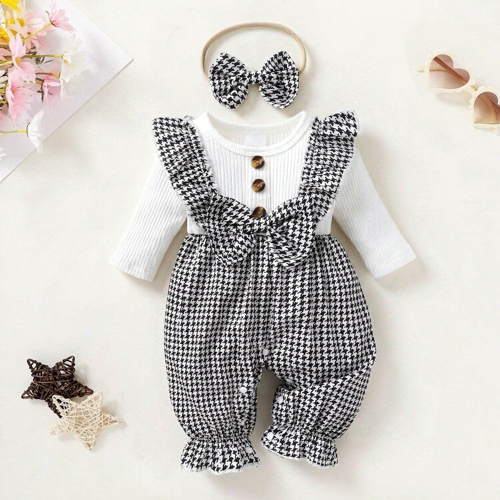2PCS Chic Houndstooth Print Bow Long Sleeve Baby Girl Jumpsuit