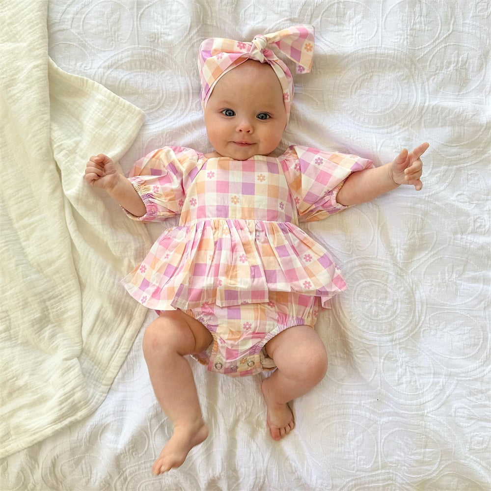 2PCS Sweet Plaid and Floral Printed Short Sleeve Baby Romper