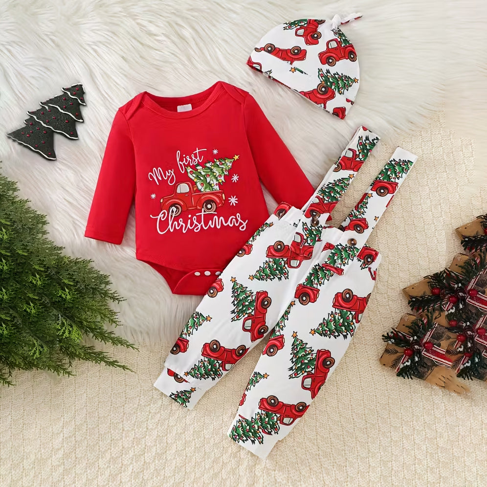 3PCS My First Christmas Letter Car Printed Overalls Baby Set