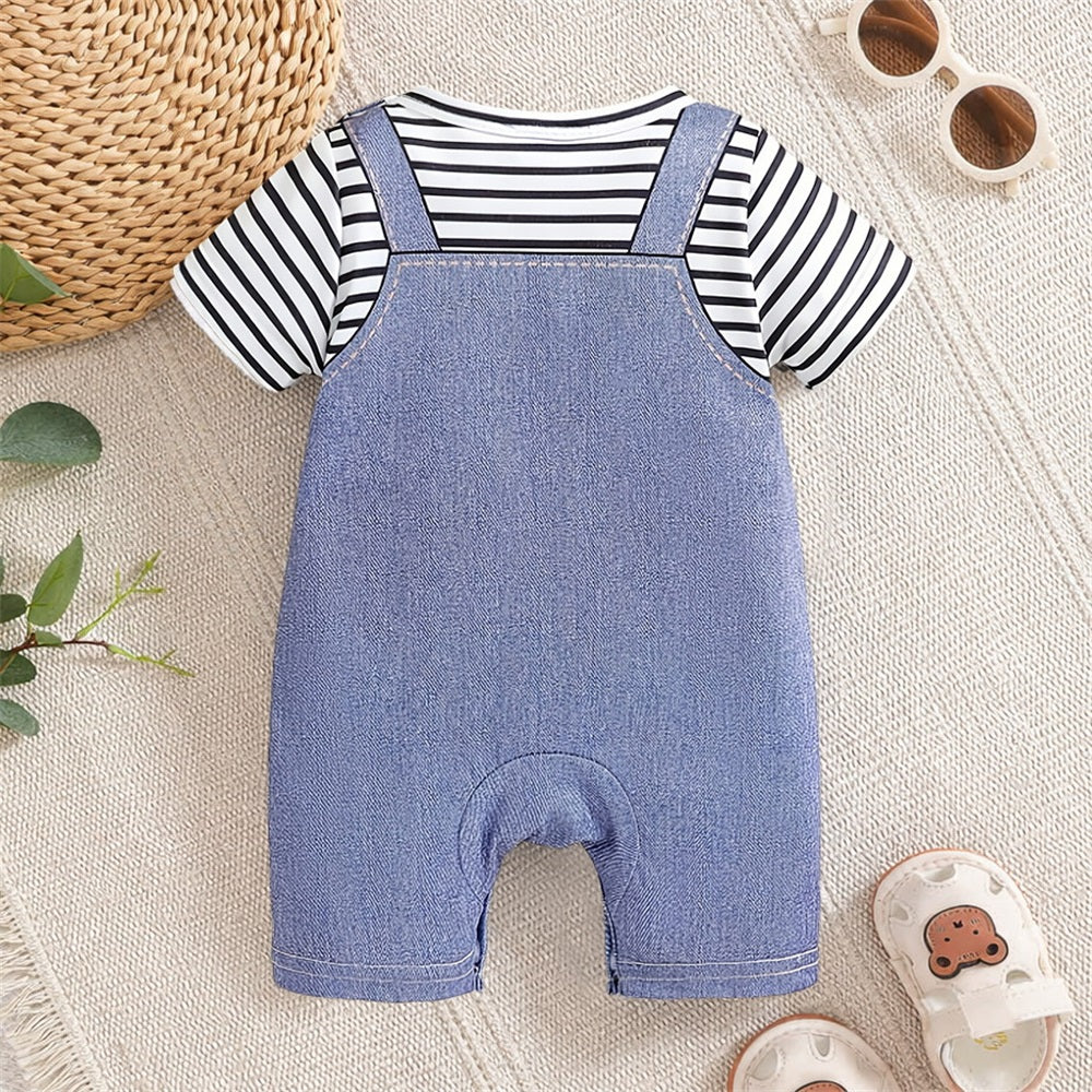 Adorable Bear Printed Striped Short Sleeve Baby Jumpsuit