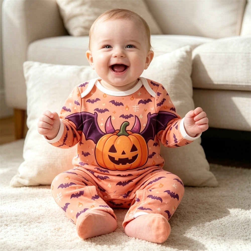 Lovely Halloween Bat Pumpkin Print Long Sleeve Baby Jumpsuit