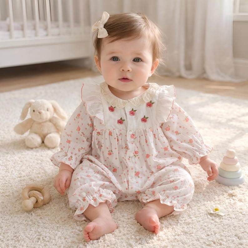 Sweet Floral Print Ruffled Trim Long Sleeve Baby Jumpsuit