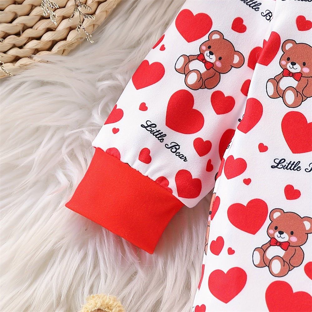 2PCS Little Bear Heart Print Long Sleeve Baby Jumpsuit