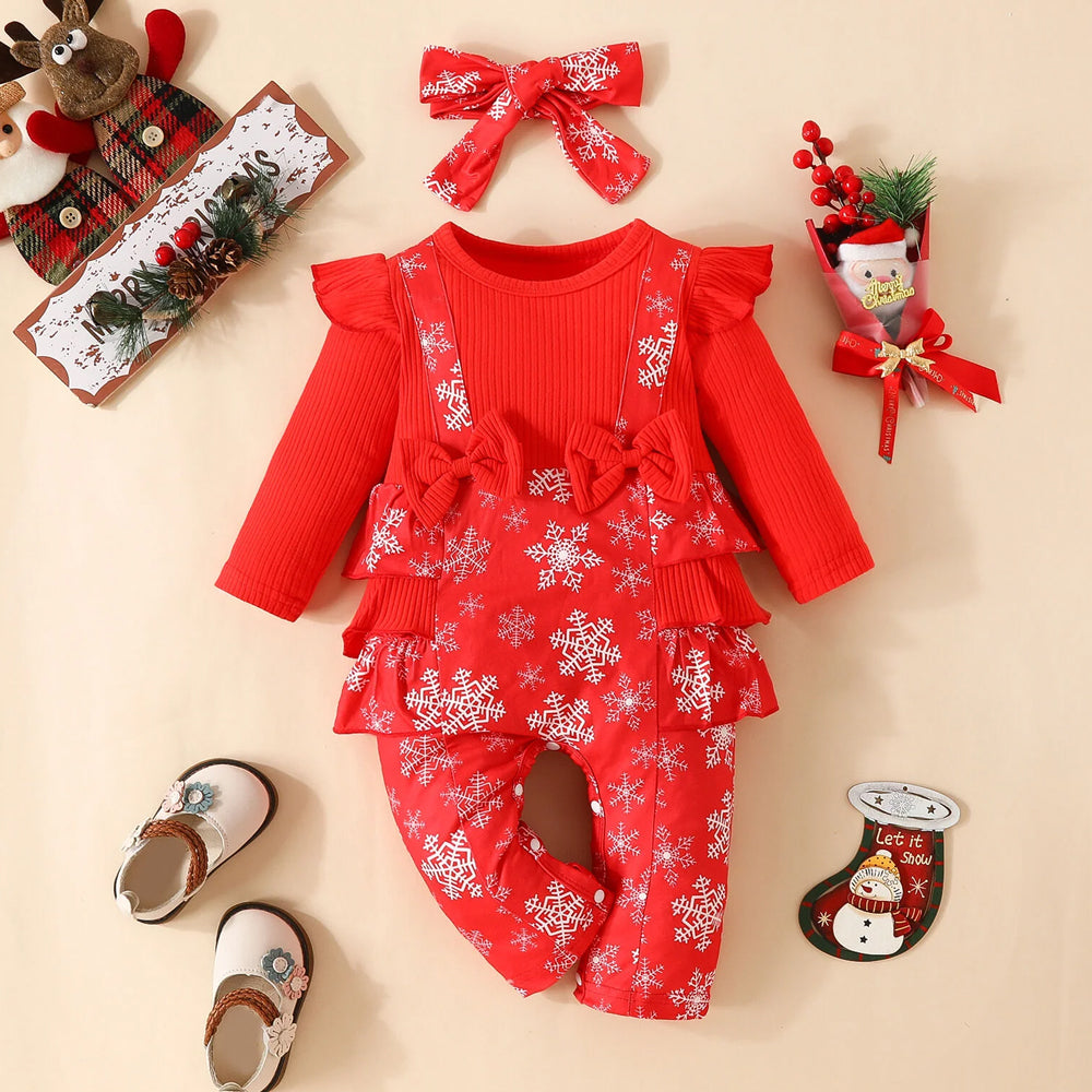 2PCS Snowflake Print Faux Two Piece Baby Girl Christmas Jumpsuit