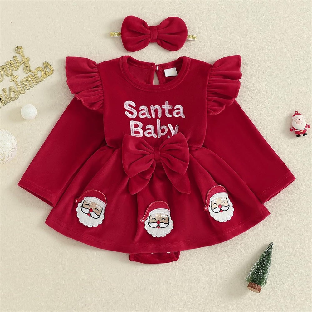 2PCS Christmas Santa Claus Embroidery Long Sleeve Baby Romper