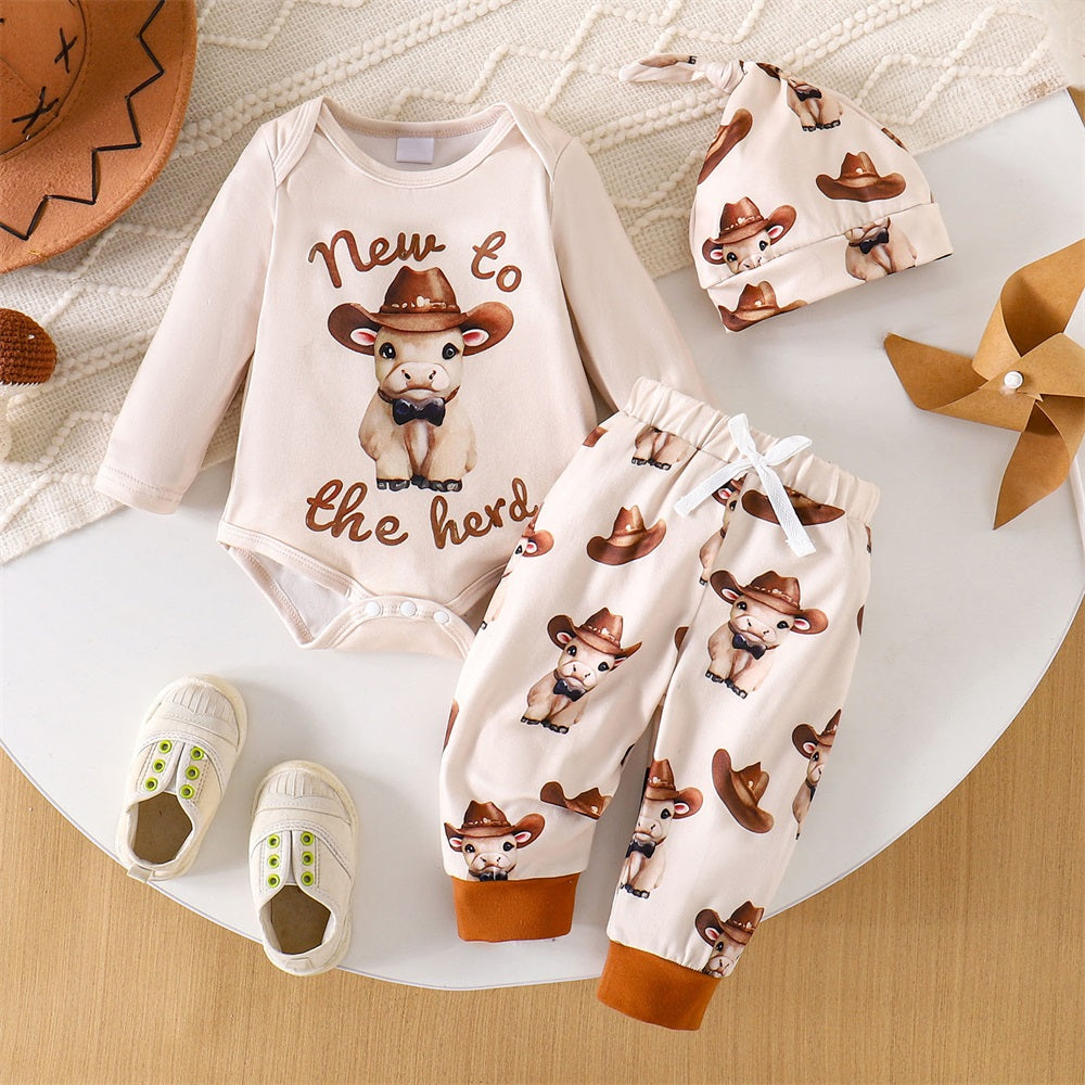 3PCS New To The Herd Letter Cow Print Long Sleeve Baby Set