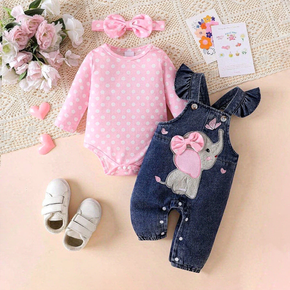 3PCS Sweet Polka Dots Print Elephant Embroidery Baby Overalls Set