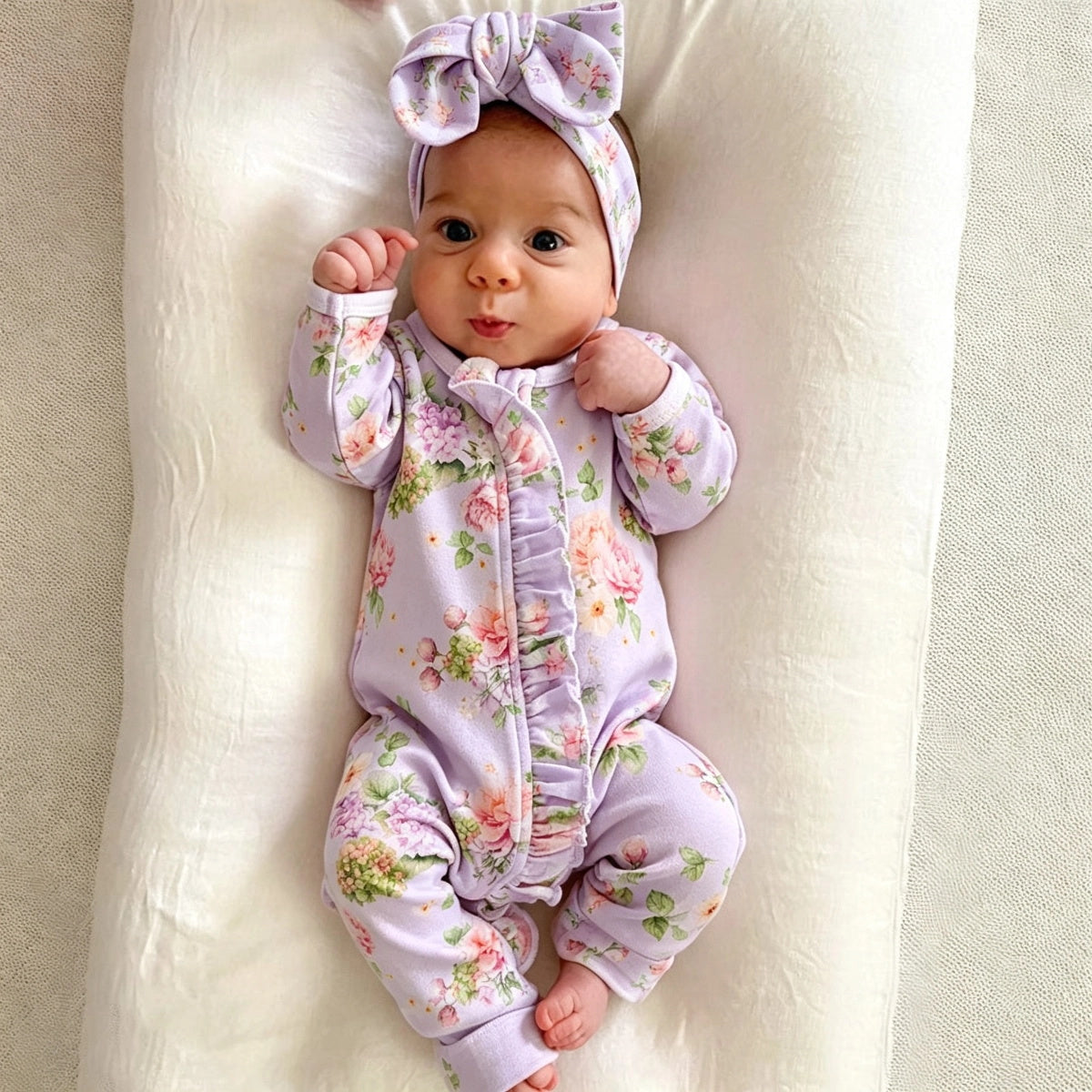2PCS Grace Floral Printed Long Sleeve Baby Zipper Jumpsuit