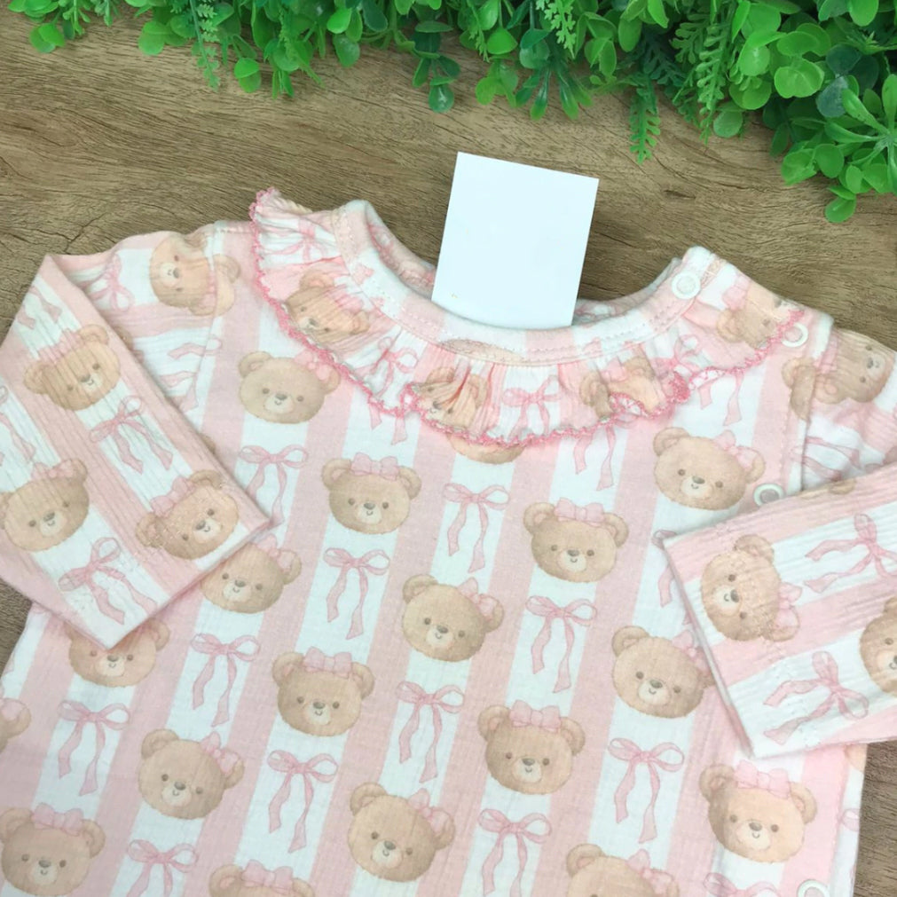 Quirky Bear Bowknot Print Ruffle Long Sleeve Baby Jumpsuit