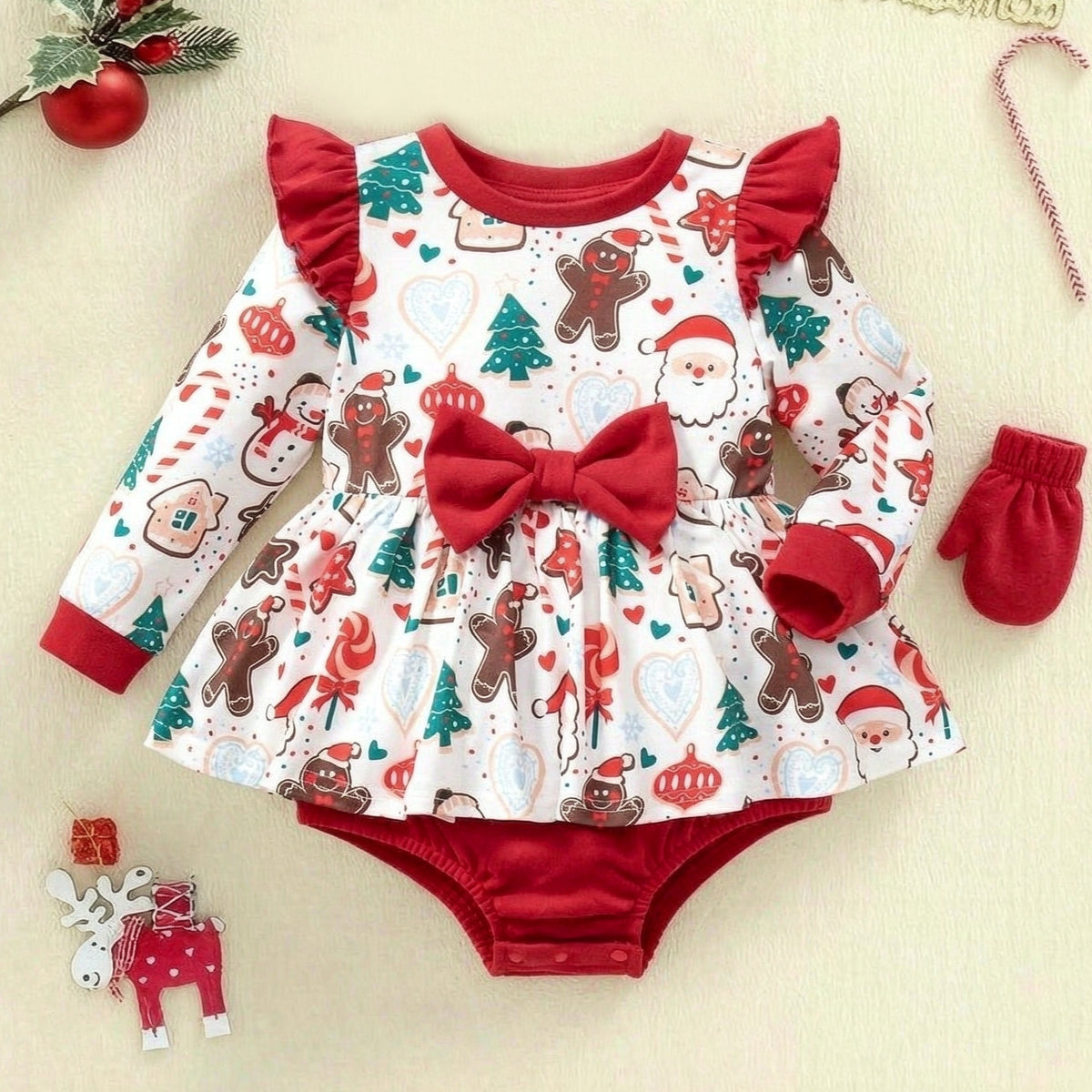 Lovely Christmas Print Bow Long Sleeve Baby Girl Romper