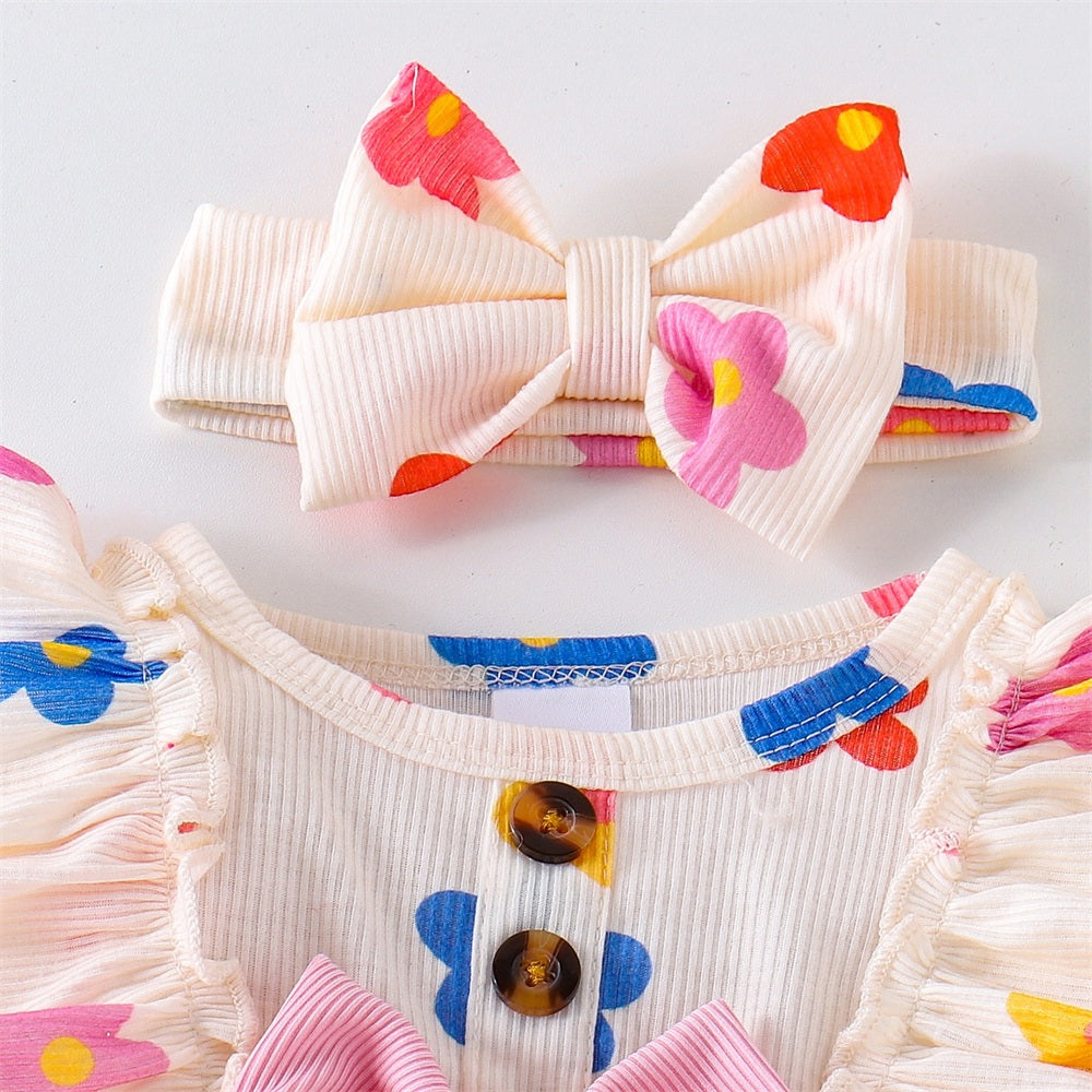 3PCS Refined Floral Printed Bow Baby Girl Romper