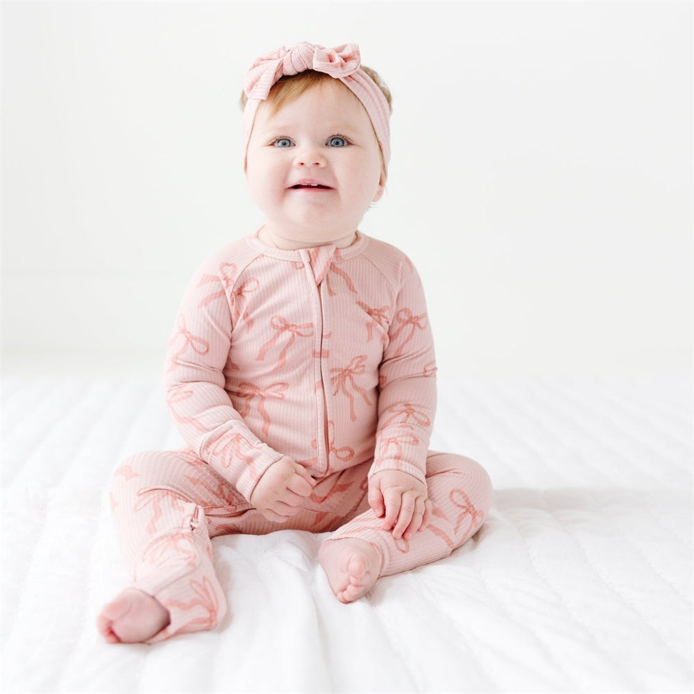 2PCS Bow Print Ribbed Zip Long Sleeve Baby Jumpsuit