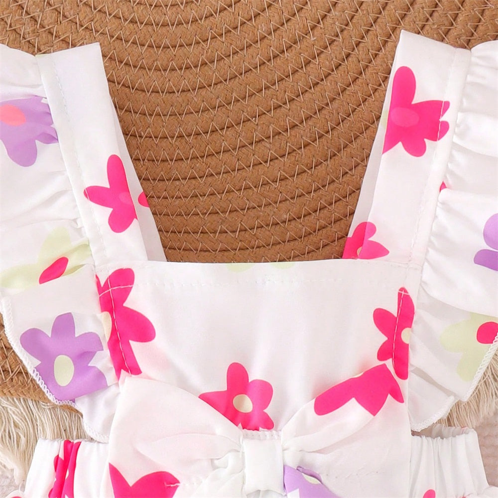 Casual Floral Printed Flounce Sleeve Baby Romper