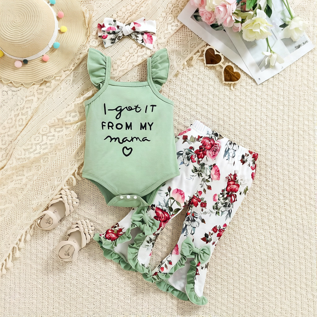 3PCS I Got It From My Mama Letter Floral Print Flutter Sleeve Baby Set