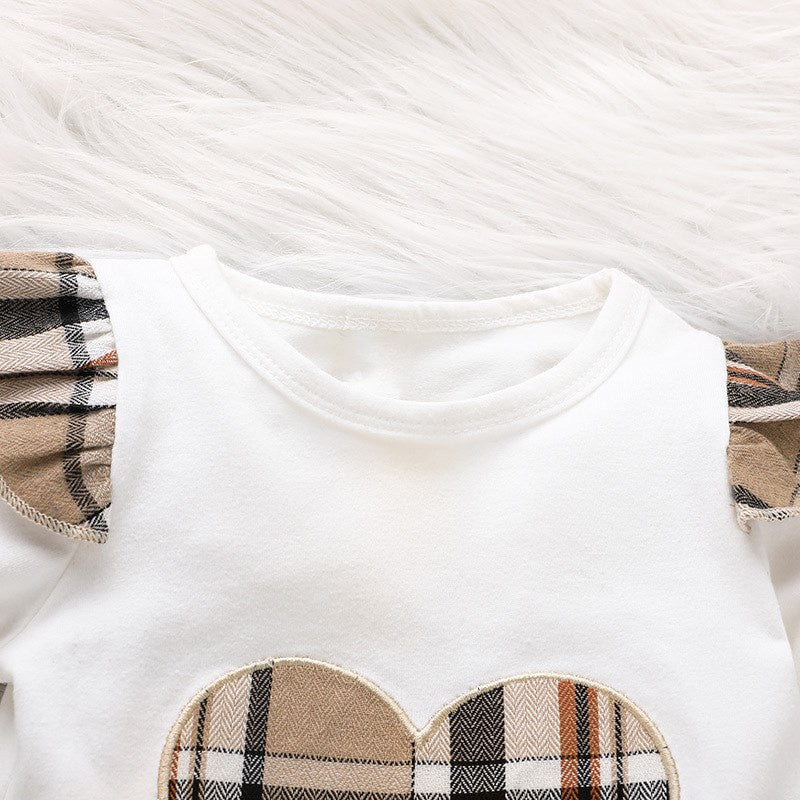 Cute Heart Plaid Appliqué Patch Long Sleeve Baby Jumpsuit