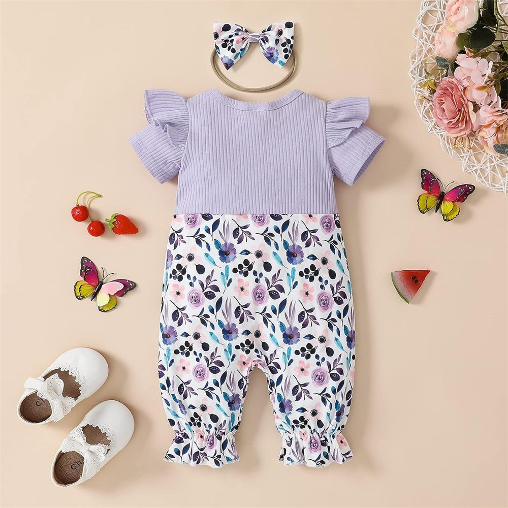 2PCS Elegant Floral Printed Bow Short Sleeve Baby Jumpsuit