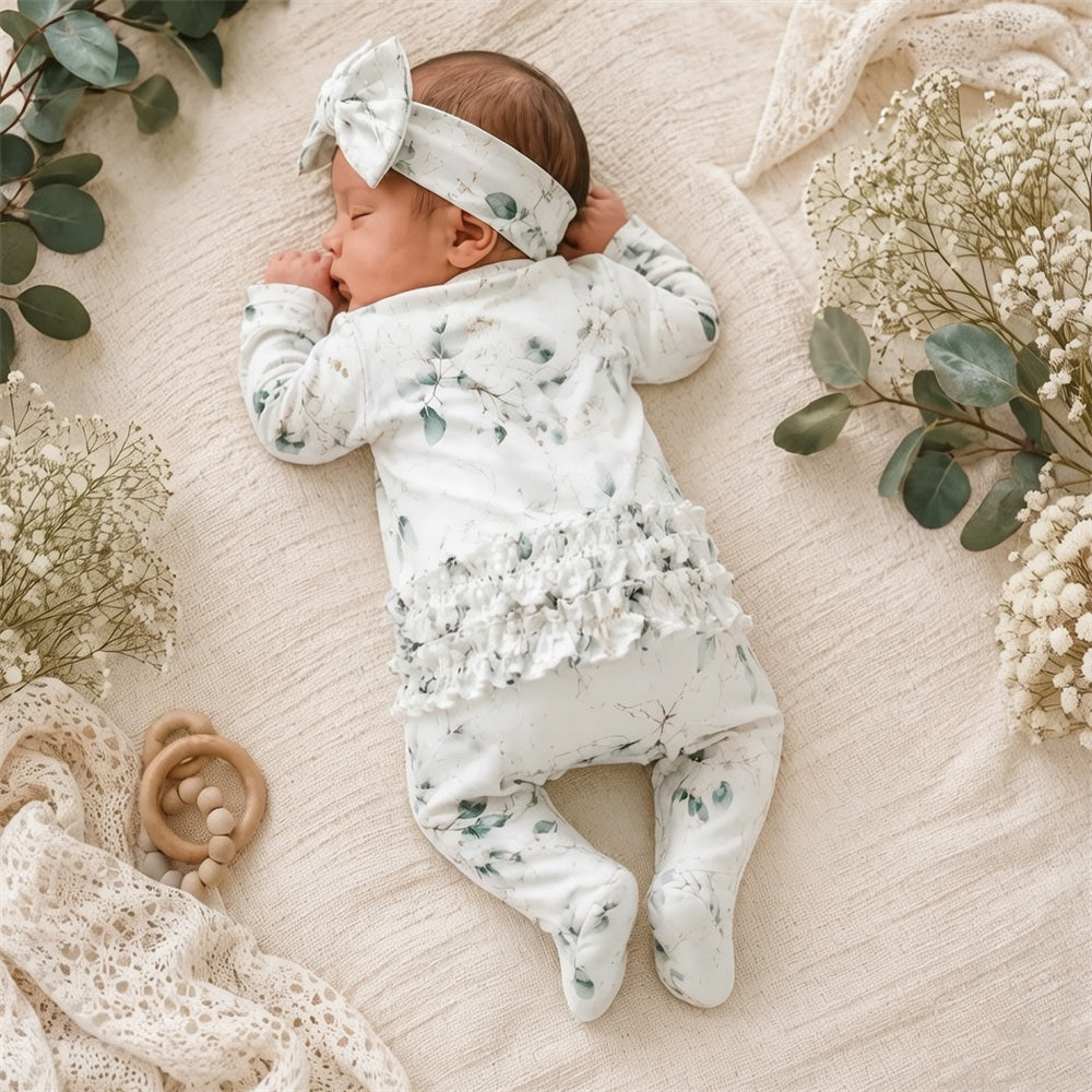 2PCS Refined Floral Printed Ruffle Decor Zipper Baby Jumpsuit