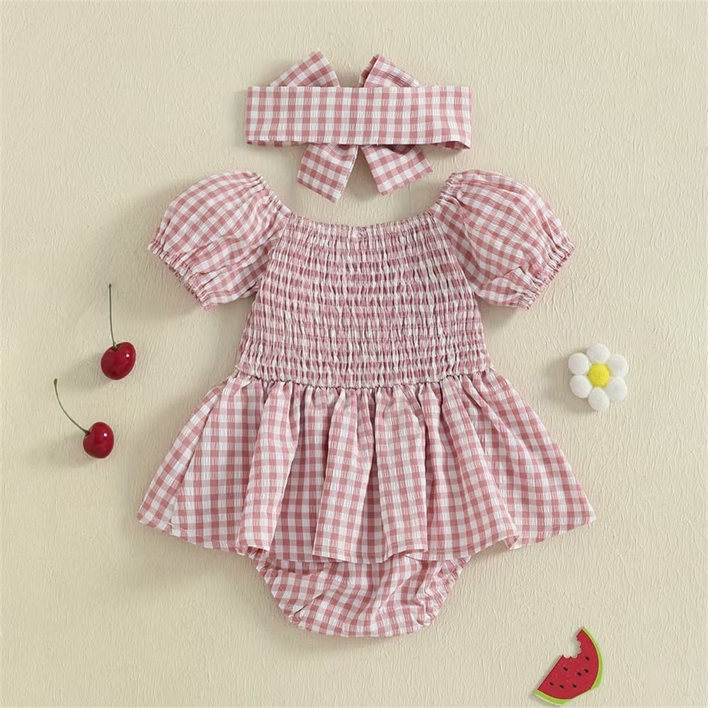 2PCS Cute Cherry Printed Plaid Short Sleeve Baby Romper