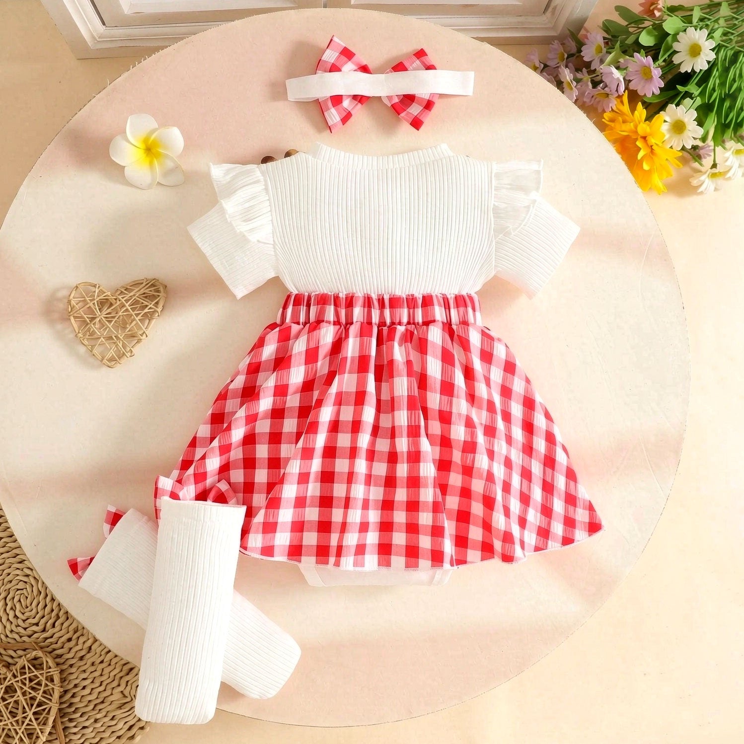 3PCS Sweet Color Block Plaid Printed Short Sleeve Baby Romper