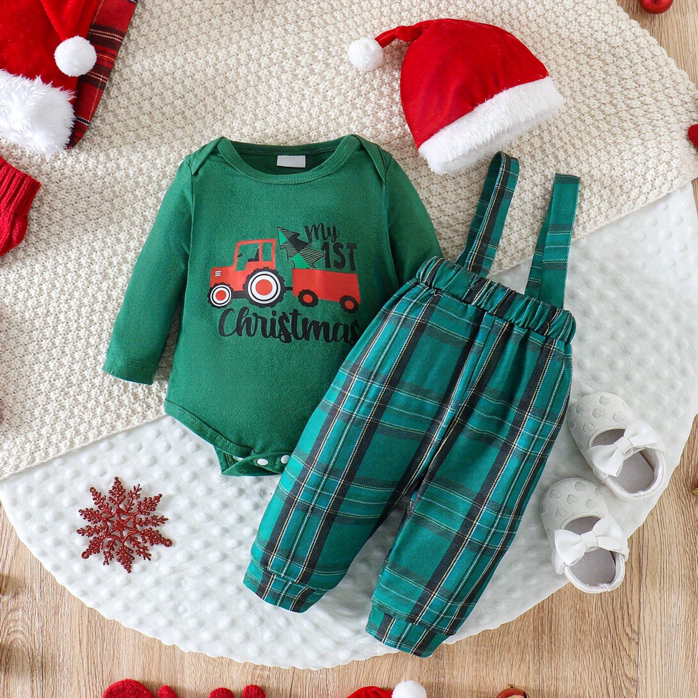 3PCS Cute My 1st Christmas Letter Tractor Plaid Print Baby Overalls Set