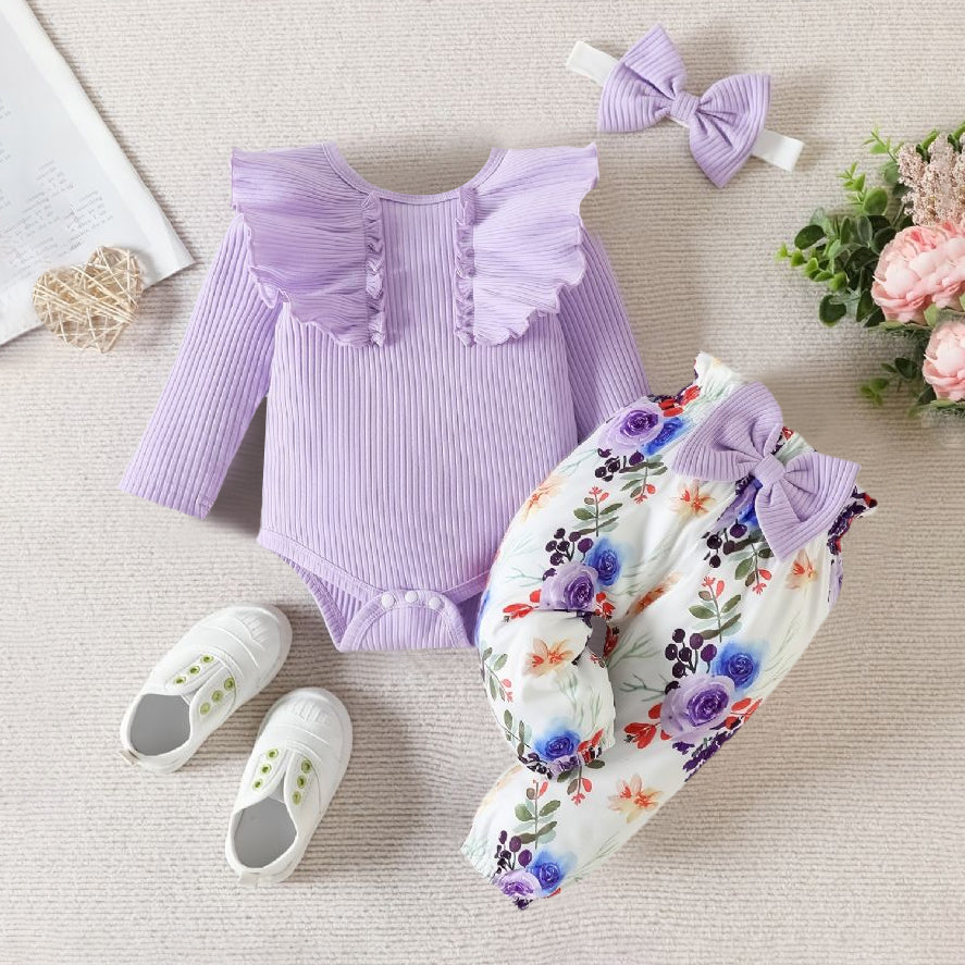 3PCS Solid Color Long Sleeve Romper Floral Printed Pants Baby Set